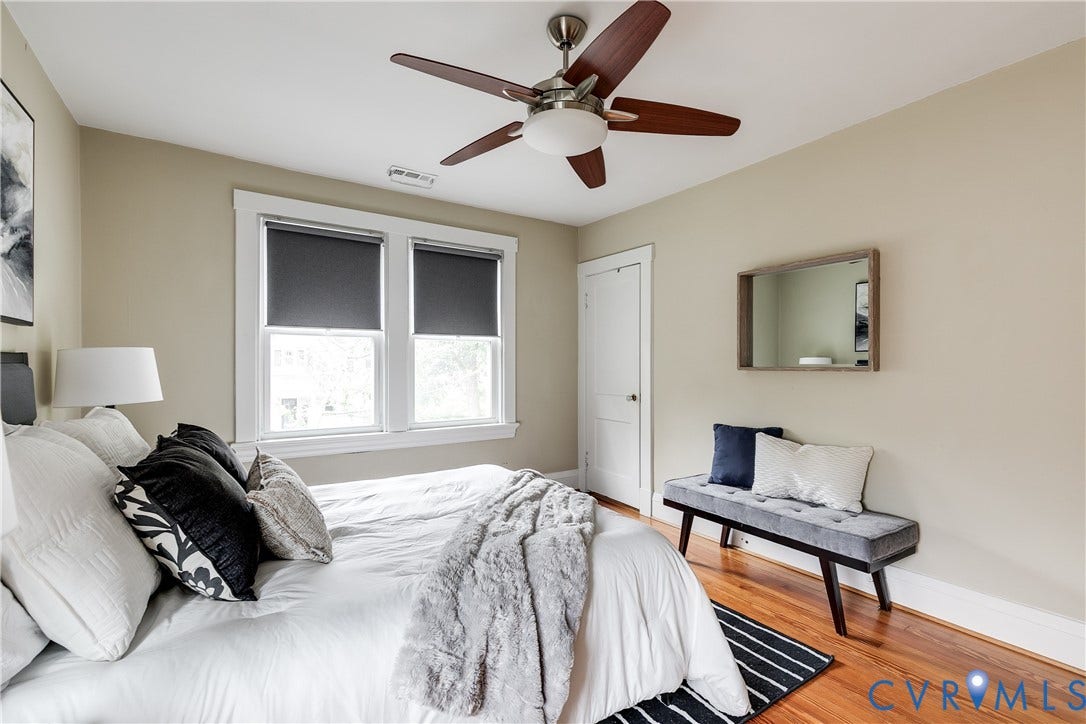 4015 Mount Vernon Street, Bellevue, Richmond, VA 23227 Hardwood flooring, dual windows with roller shades, white trim, and a ceiling fan with light fixture