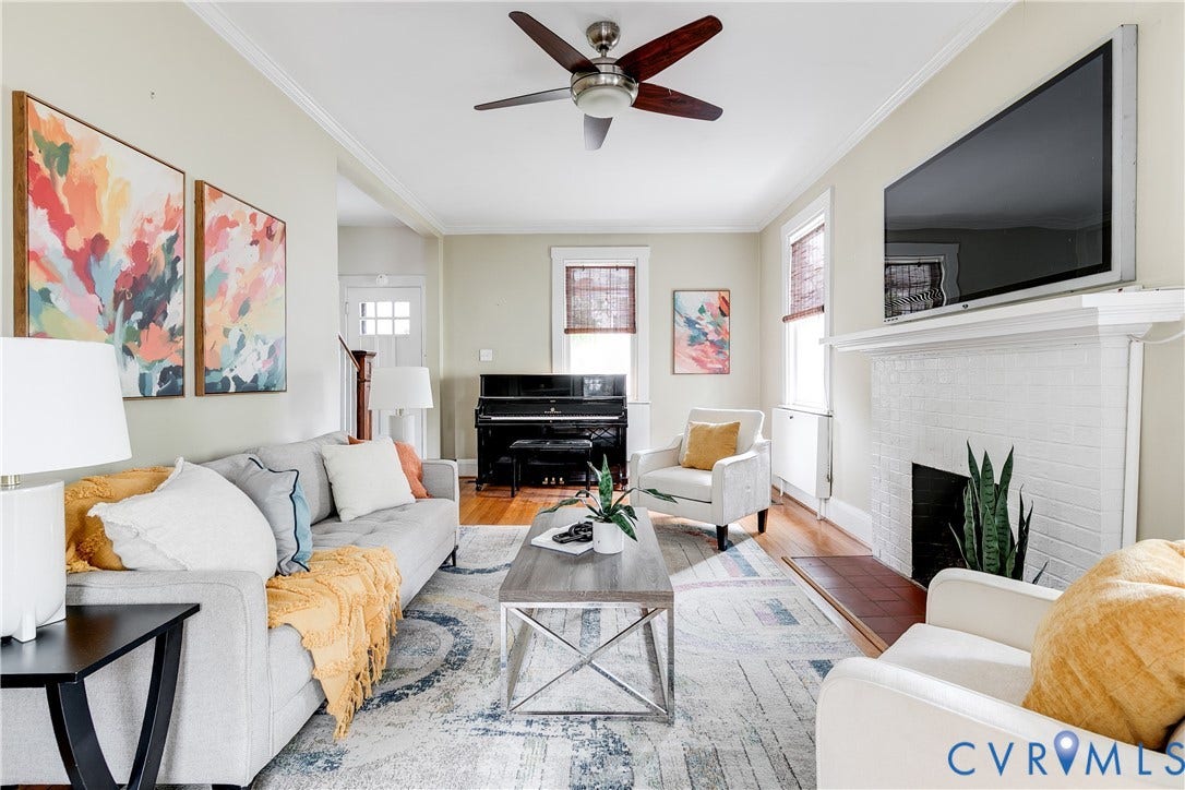 4015 Mount Vernon Street, Bellevue, Richmond, VA 23227 Hardwood flooring, painted brick fireplace, crown molding, and ceiling fan