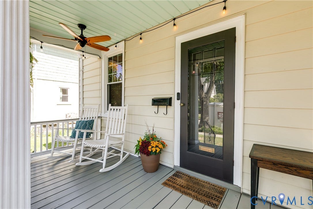 4015 Mount Vernon Street, Bellevue, Richmond, VA 23227 Covered front porch featuring a dark wood-finish ceiling fan, recessed lighting, white columns, and painted wood flooring