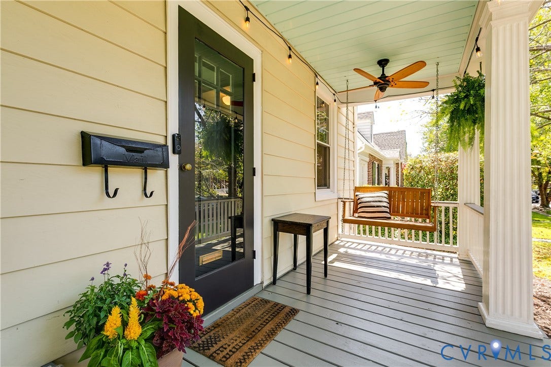 4015 Mount Vernon Street, Bellevue, Richmond, VA 23227 Covered front porch featuring a ceiling fan, string lighting, and white columns