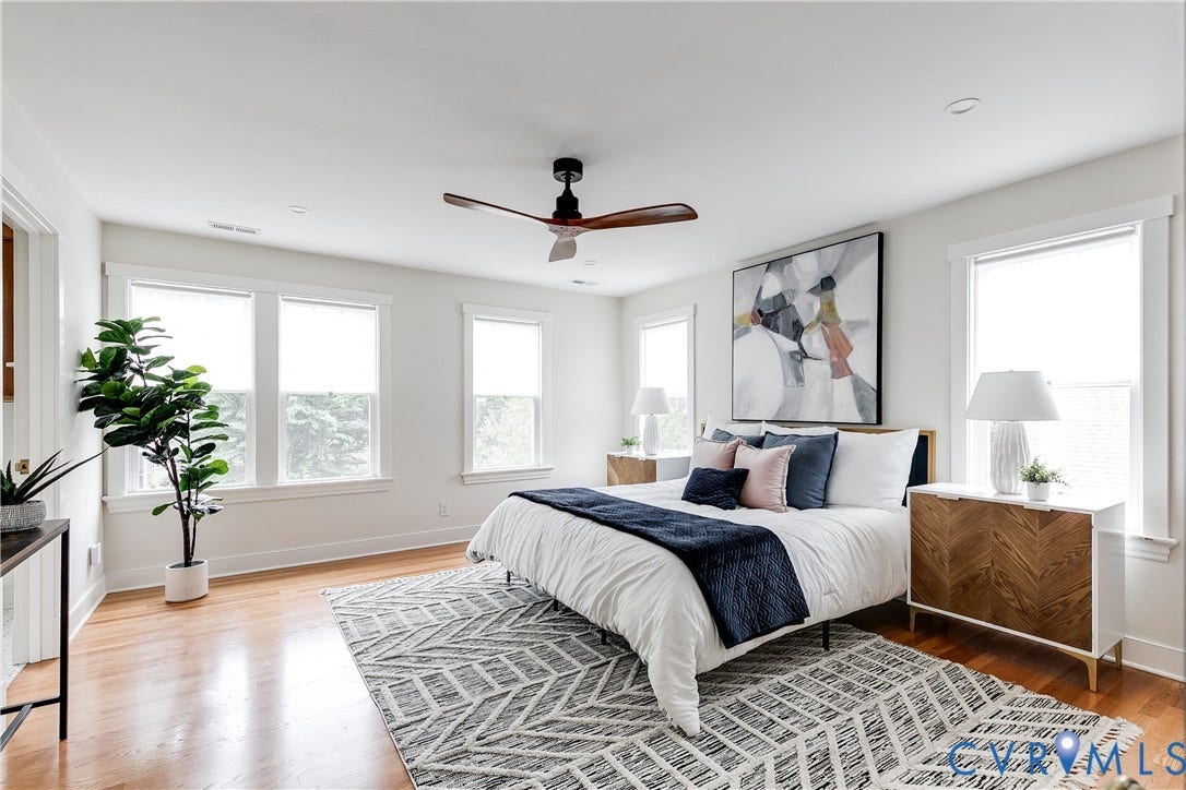 4015 Mount Vernon Street, Bellevue, Richmond, VA 23227 Hardwood flooring, recessed lighting, four large windows, and a ceiling fan with wood-finish blades