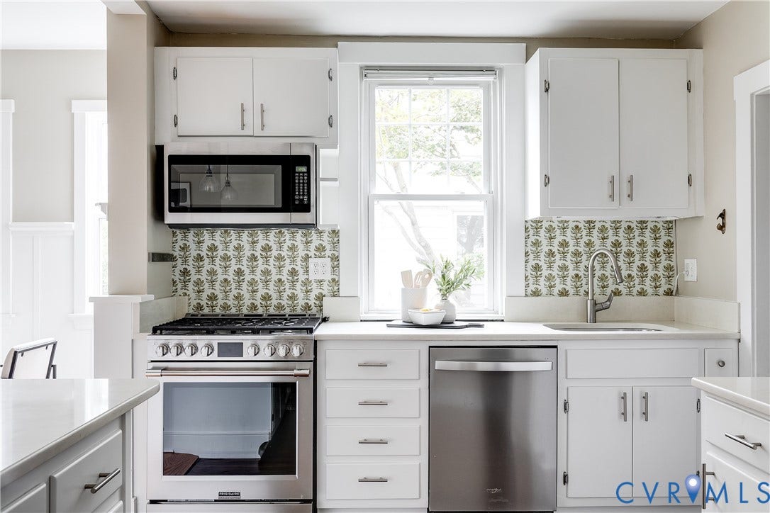 4015 Mount Vernon Street, Bellevue, Richmond, VA 23227 Kitchen featuring white cabinetry, stainless steel appliances, patterned backsplash, solid surface countertops, and a single basin sink