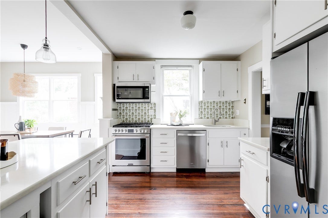 4015 Mount Vernon Street, Bellevue, Richmond, VA 23227 Kitchen featuring white cabinetry, stainless steel appliances, and hardwood flooring