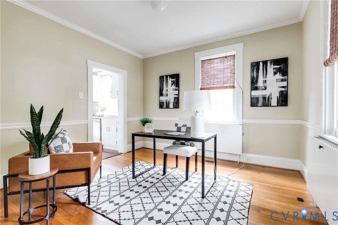 4015 Mount Vernon Street, Bellevue, Richmond, VA 23227 Bright, light-filled home office featuring hardwood flooring, cream and soft yellow walls with chair rail molding, and large multi-pane windows with roman shades