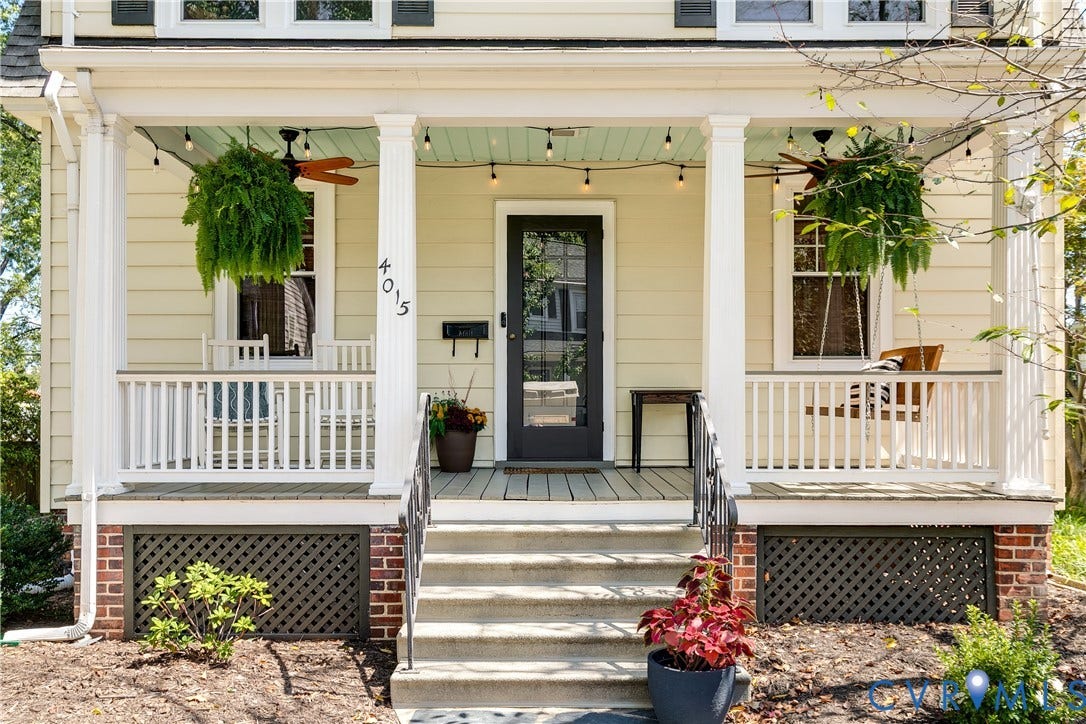 4015 Mount Vernon Street, Bellevue, Richmond, VA 23227 Welcoming front porch with white railings, a black entry door, and concrete steps