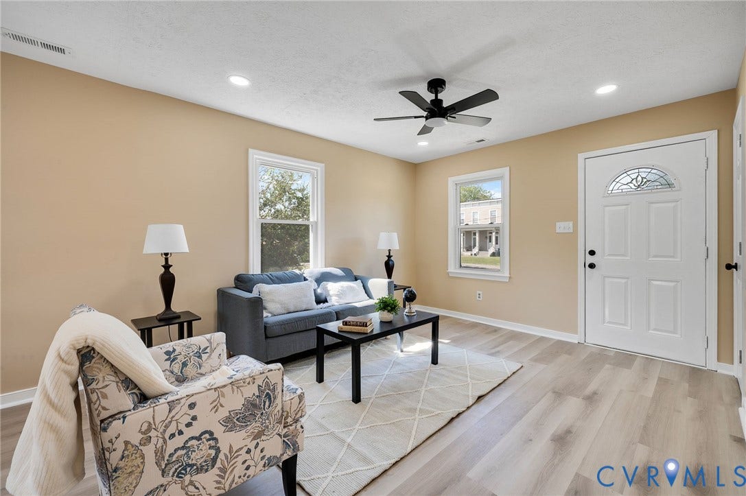 4411 Samara Drive, Henrico, VA 23231 Recessed lighting, wood-finish flooring, white trim, and a ceiling fan with integrated lighting