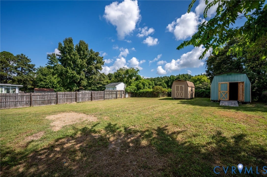 4411 Samara Drive, Henrico, VA 23231 Expansive fenced backyard featuring two storage sheds and mature perimeter trees
