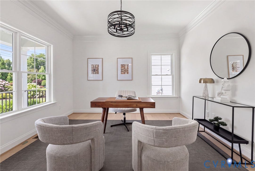 2871 Old Pump Road, The Preserve At John Rolfe, Henrico, VA 23233 Recessed lighting, crown molding, wood-finish flooring, multiple windows, and a contemporary chandelier