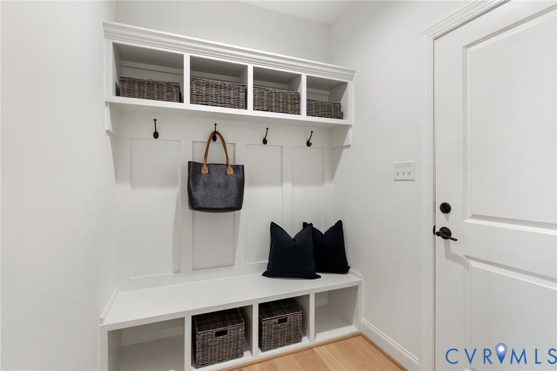 2871 Old Pump Road, The Preserve At John Rolfe, Henrico, VA 23233 Built-in storage bench with cubbies, upper shelving, and coat hooks