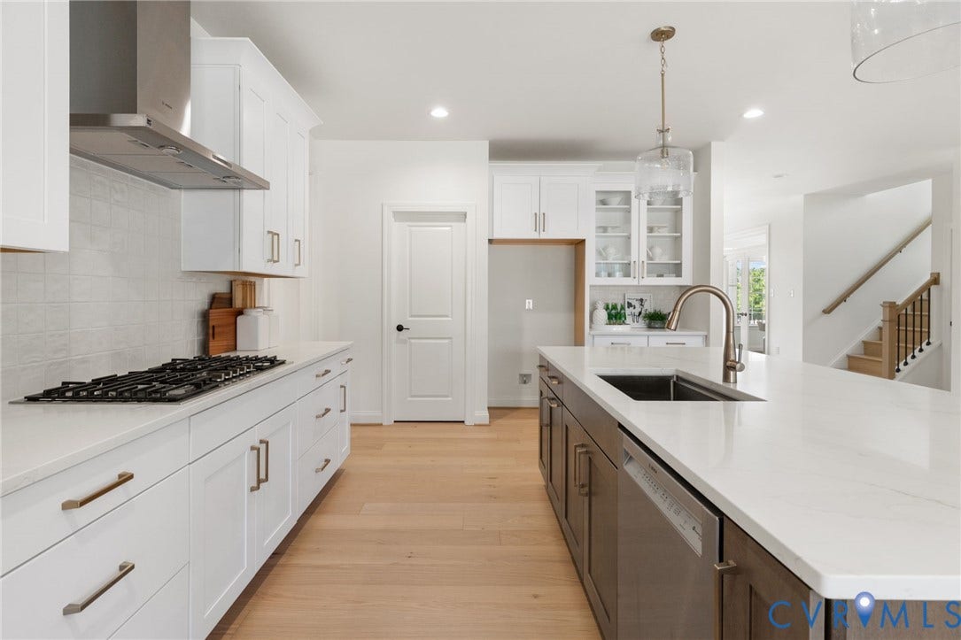 2871 Old Pump Road, The Preserve At John Rolfe, Henrico, VA 23233 White cabinetry, large center island with built-in sink, wood-finish flooring, recessed lighting, and stainless-steel appliances