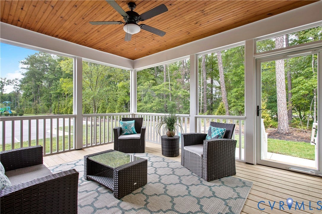 2871 Old Pump Road, The Preserve At John Rolfe, Henrico, VA 23233 Screened porch featuring a natural wood plank ceiling, an overhead fan with integrated lighting, wood-finish flooring, and white railing