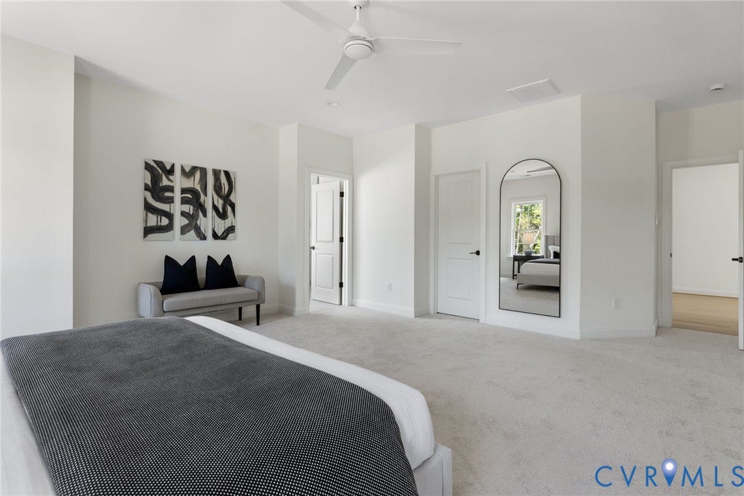 2871 Old Pump Road, The Preserve At John Rolfe, Henrico, VA 23233 Spacious room featuring light-colored carpeting, white walls, and a ceiling fan