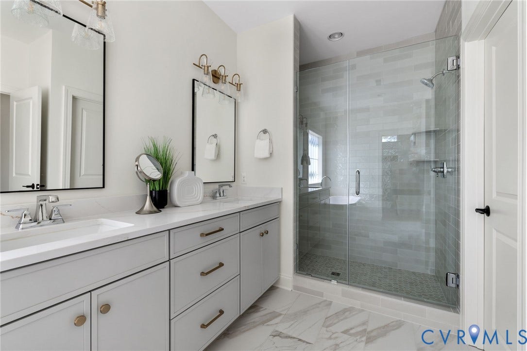 2871 Old Pump Road, The Preserve At John Rolfe, Henrico, VA 23233 Dual vanity with light gray cabinetry and gold-tone hardware