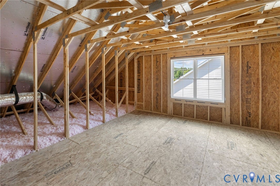 2871 Old Pump Road, The Preserve At John Rolfe, Henrico, VA 23233 Unfinished attic space with exposed wooden trusses, a double-hung window, oriented strand board walls, and subflooring