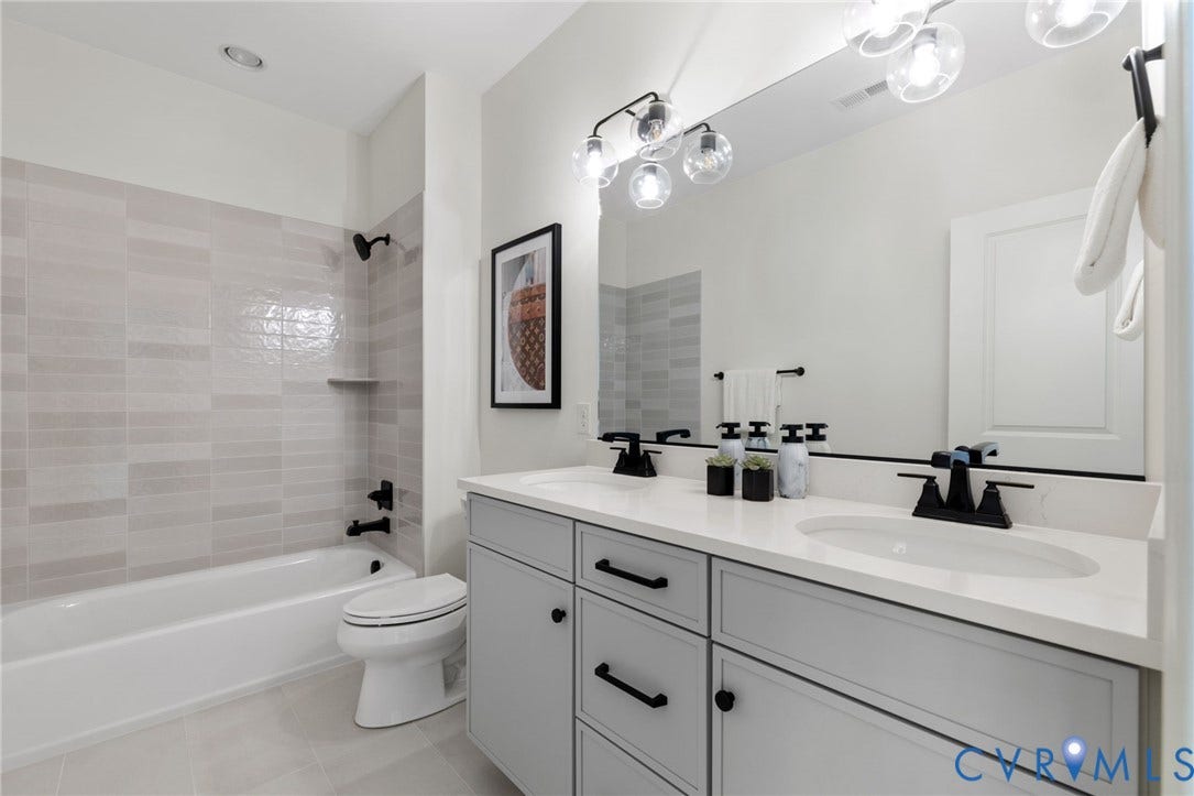 2871 Old Pump Road, The Preserve At John Rolfe, Henrico, VA 23233 Double vanity with integrated sinks, white countertop, and matte black fixtures