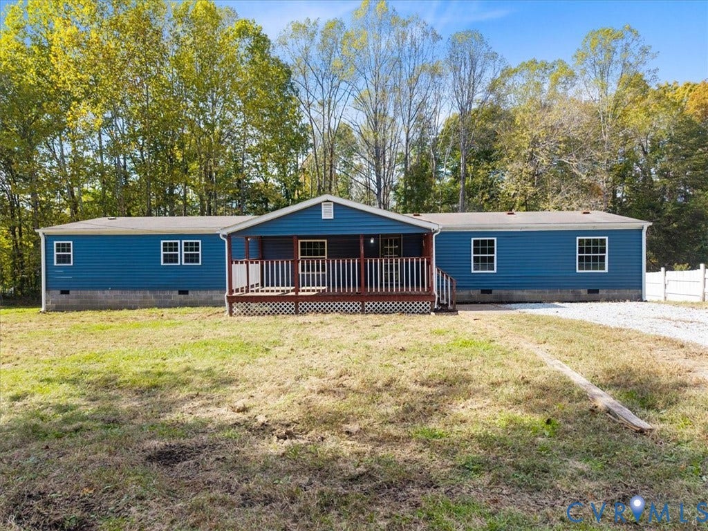 274 Frenchs Store Road, Cumberland, VA 23040 Single-story exterior with blue horizontal siding, front-facing gable roof, concrete block foundation, and covered porch with wooden railings