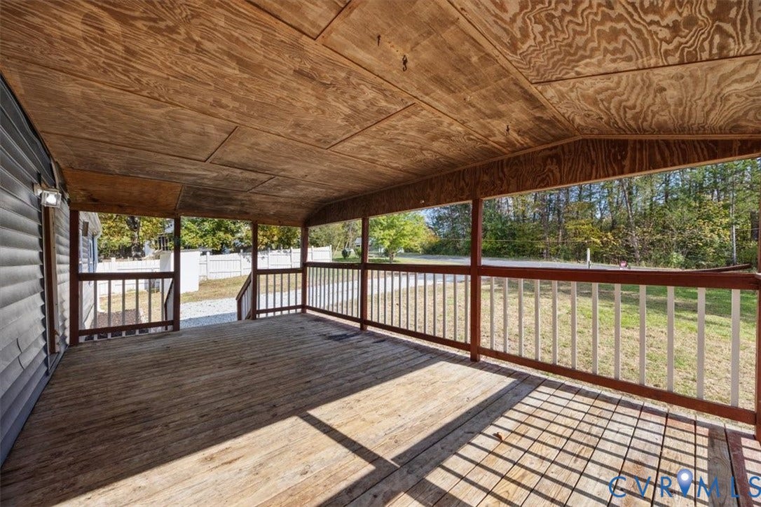 274 Frenchs Store Road, Cumberland, VA 23040 Covered country porch featuring wood-finish flooring and ceiling, and a protective railing
