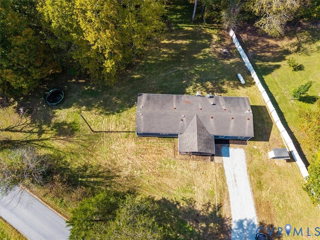 274 Frenchs Store Road, Cumberland, VA 23040 Aerial perspective featuring an expansive lot, gravel driveway, and perimeter fencing