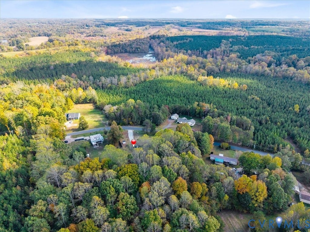 274 Frenchs Store Road, Cumberland, VA 23040 Aerial perspective of property featuring extensive wooded acreage, mature canopy, and asphalt driveway
