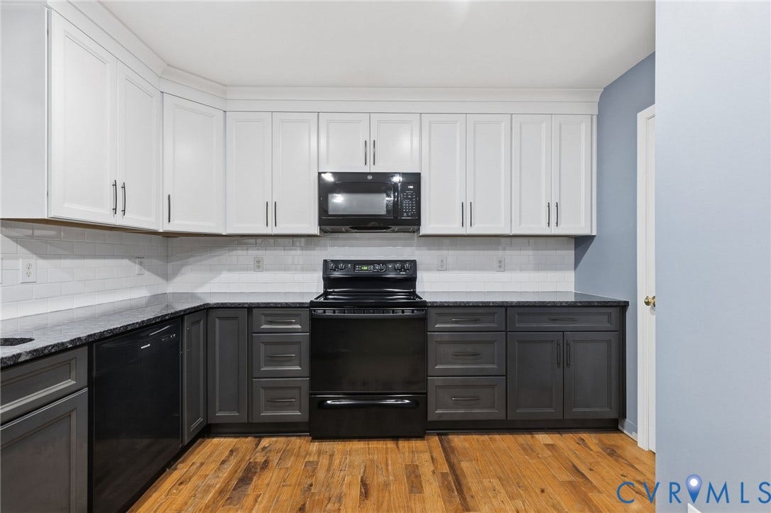4350 Steger Creek Drive, Powhatan, VA 23139 Two-tone cabinetry with white upper and grey lower units, dark stone countertops, subway tile backsplash, stainless steel hardware, and wood-finish flooring