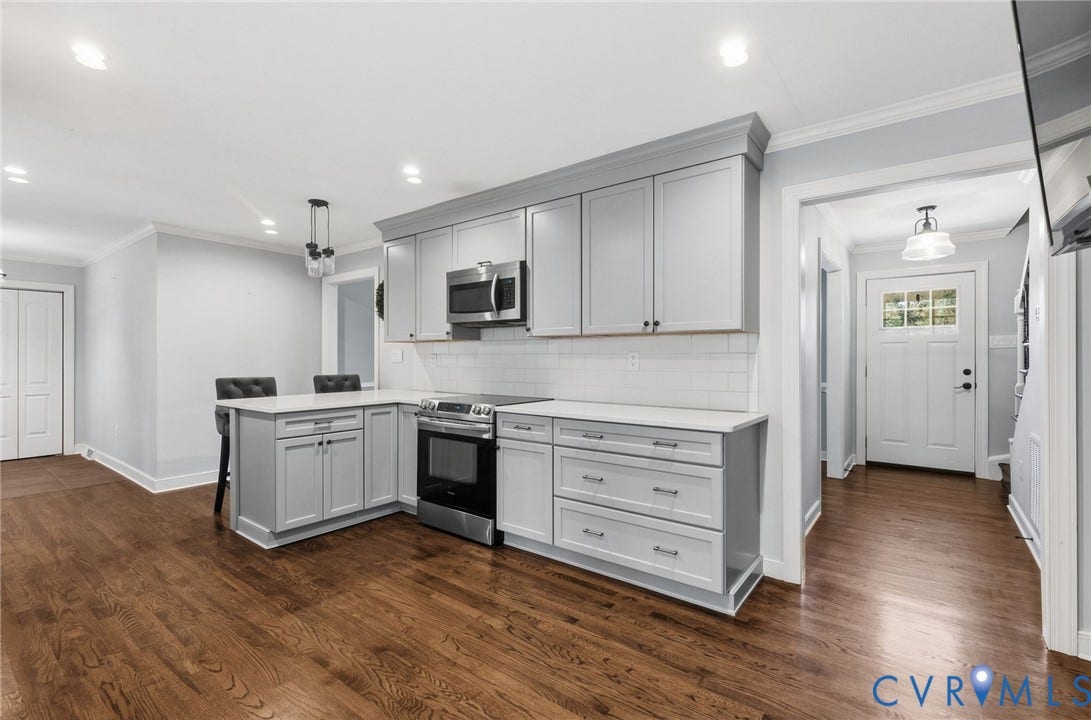 2137 Scarlet Mill Lane, Powhatan, VA 23139 Kitchen featuring light gray cabinetry, white subway tile backsplash, stainless steel appliances, and a peninsula with seating