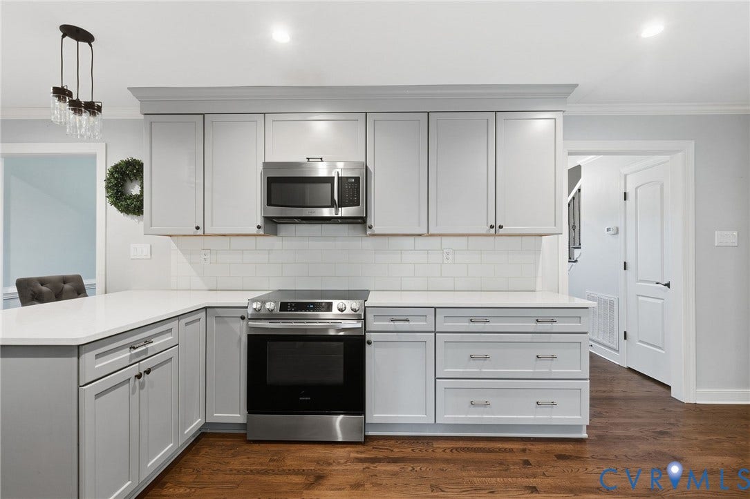 2137 Scarlet Mill Lane, Powhatan, VA 23139 Kitchen featuring light-toned cabinetry, stainless steel appliances, white countertops, a subway tile backsplash, and wood-finish flooring