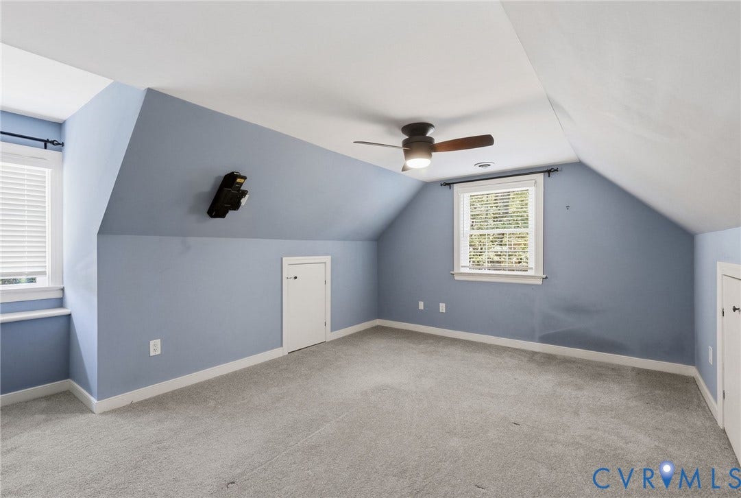 2137 Scarlet Mill Lane, Powhatan, VA 23139 Carpeted room featuring sloped ceilings, two windows with blinds, a ceiling fan, and built-in access doors