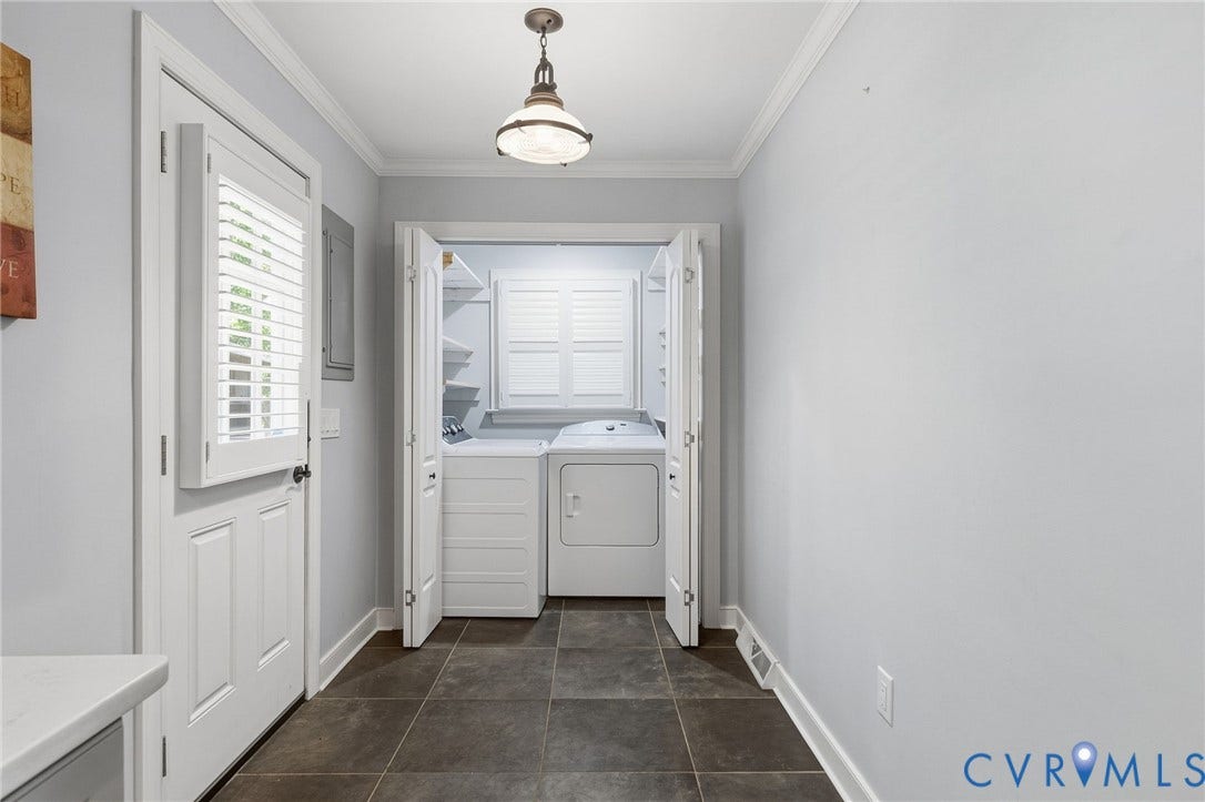 2137 Scarlet Mill Lane, Powhatan, VA 23139 Laundry area featuring bi-fold doors, built-in shelving, and a tiled floor