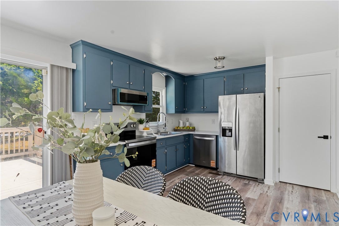 952 Pleasant Street, Henrico, VA 23223 Kitchen featuring blue cabinetry, stainless steel appliances, wood-finish flooring, and a sliding glass door