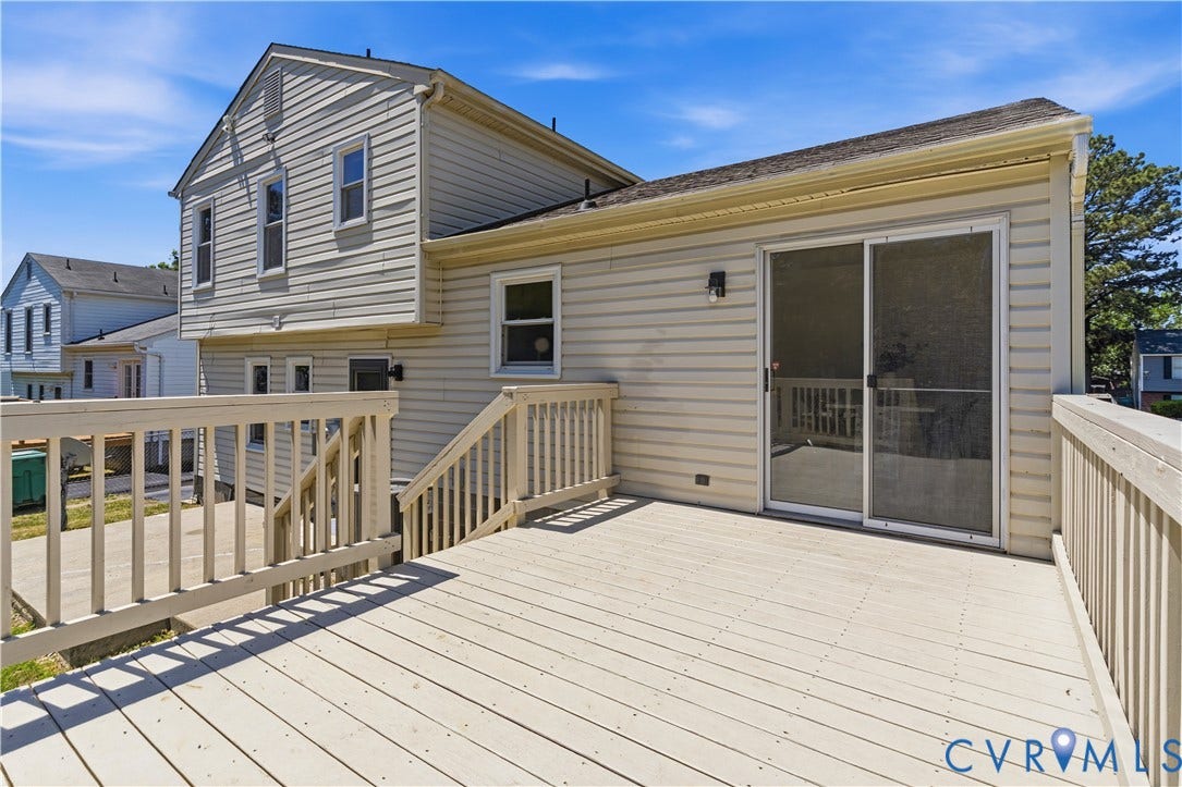 952 Pleasant Street, Henrico, VA 23223 Expansive wood deck with railing, featuring direct access to the interior through a sliding glass door