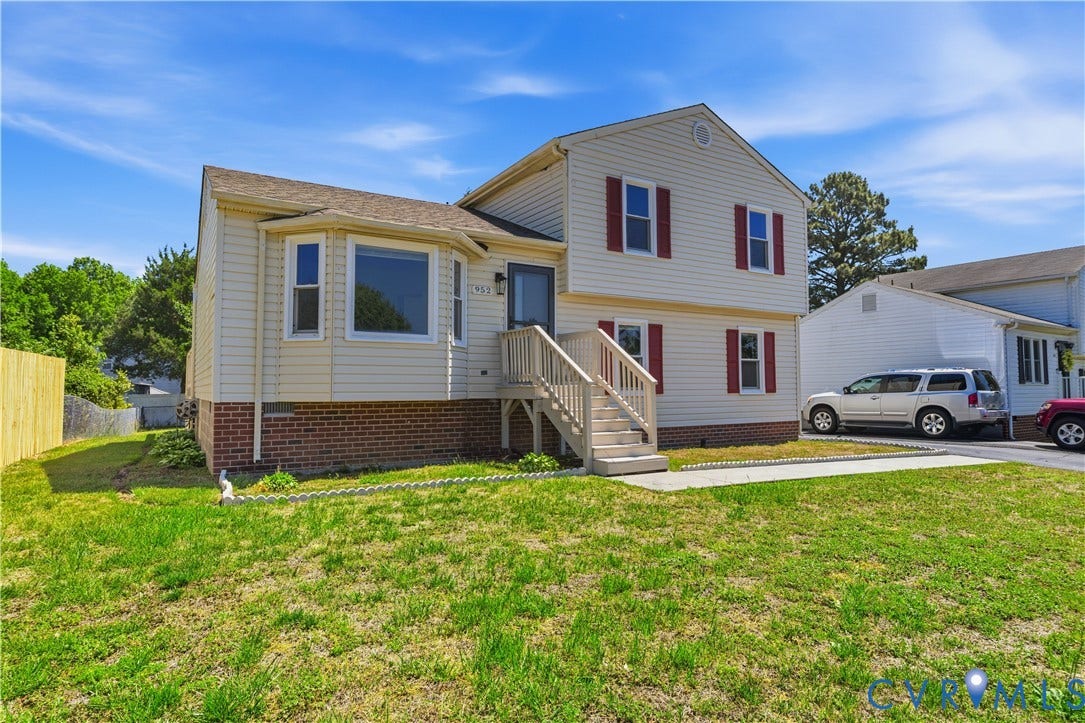 952 Pleasant Street, Henrico, VA 23223 Two-story exterior with siding and brick accents, featuring a bay window, front porch with stairs, and red window shutters