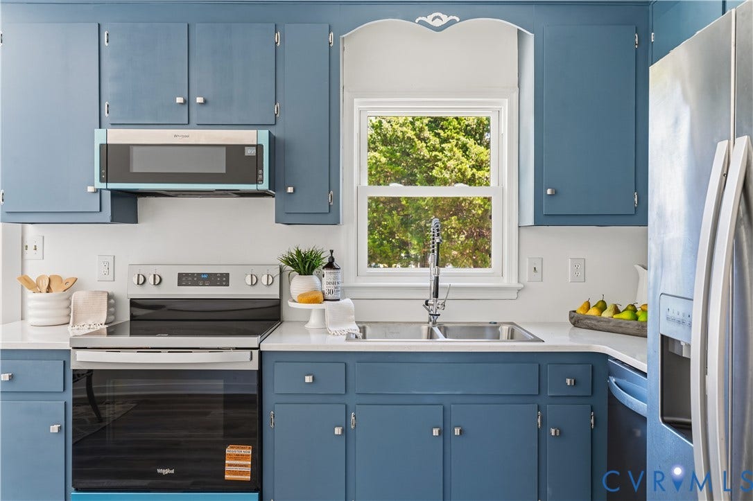952 Pleasant Street, Henrico, VA 23223 Blue cabinetry, white countertops, stainless steel appliances, stainless steel sink with pull-down faucet, and a window with natural light