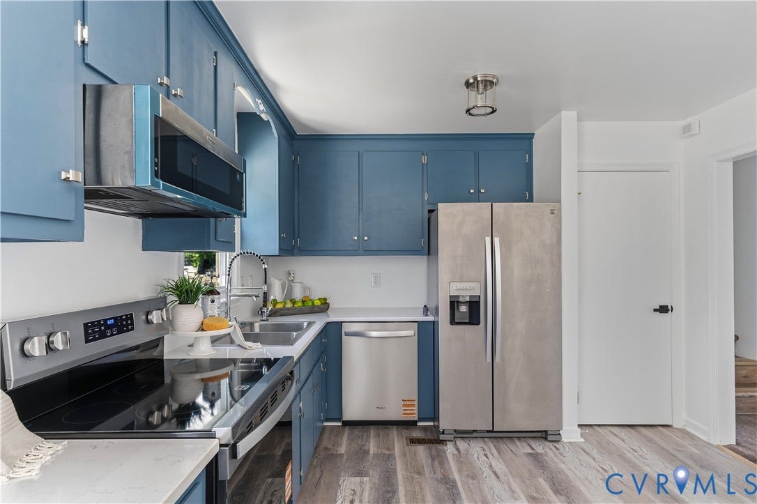 952 Pleasant Street, Henrico, VA 23223 Kitchen featuring blue cabinetry, stainless steel appliances, white countertops, and wood-finish flooring