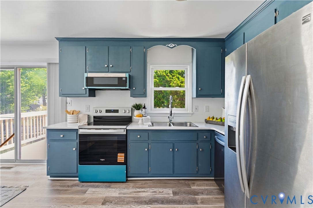 952 Pleasant Street, Henrico, VA 23223 Kitchen featuring blue cabinetry, stainless steel appliances, a double basin sink, white countertops, and wood-finish flooring