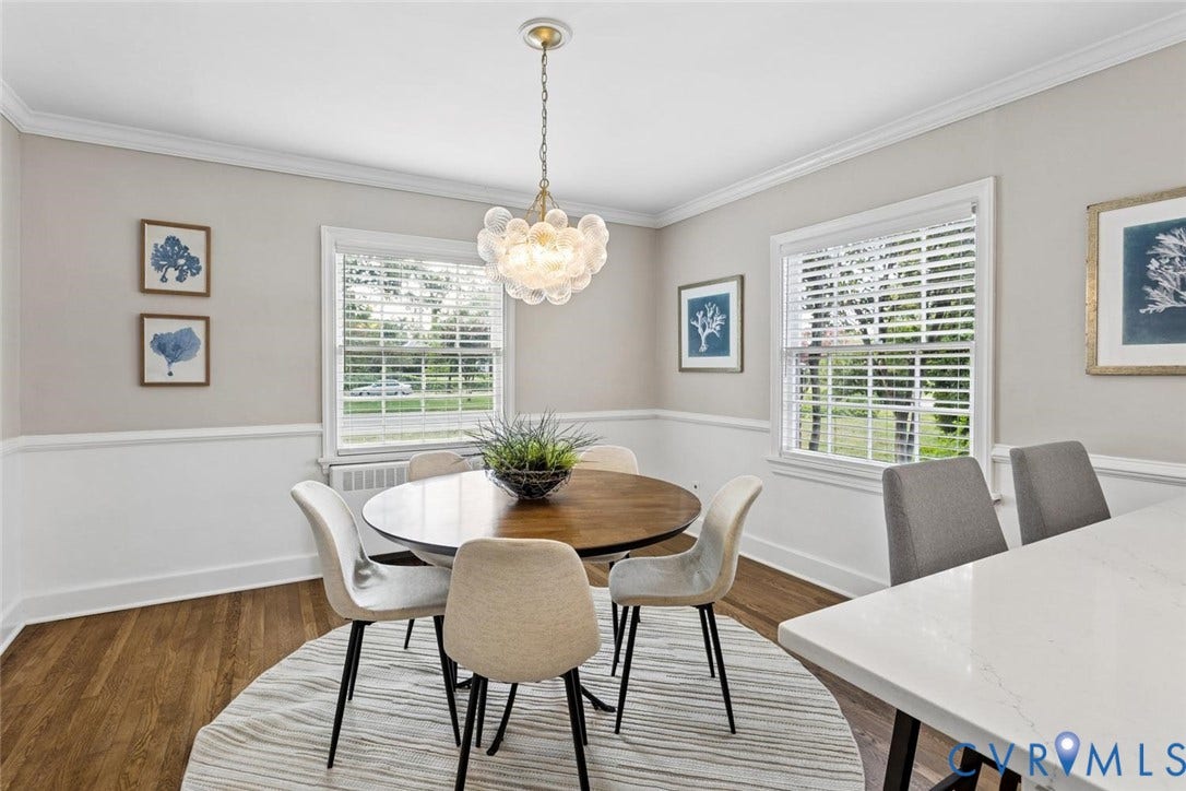 1316 Brookland Parkway, Richmond, VA 23227 Hardwood flooring, crown molding, white wainscoting, and a multi-bulb chandelier