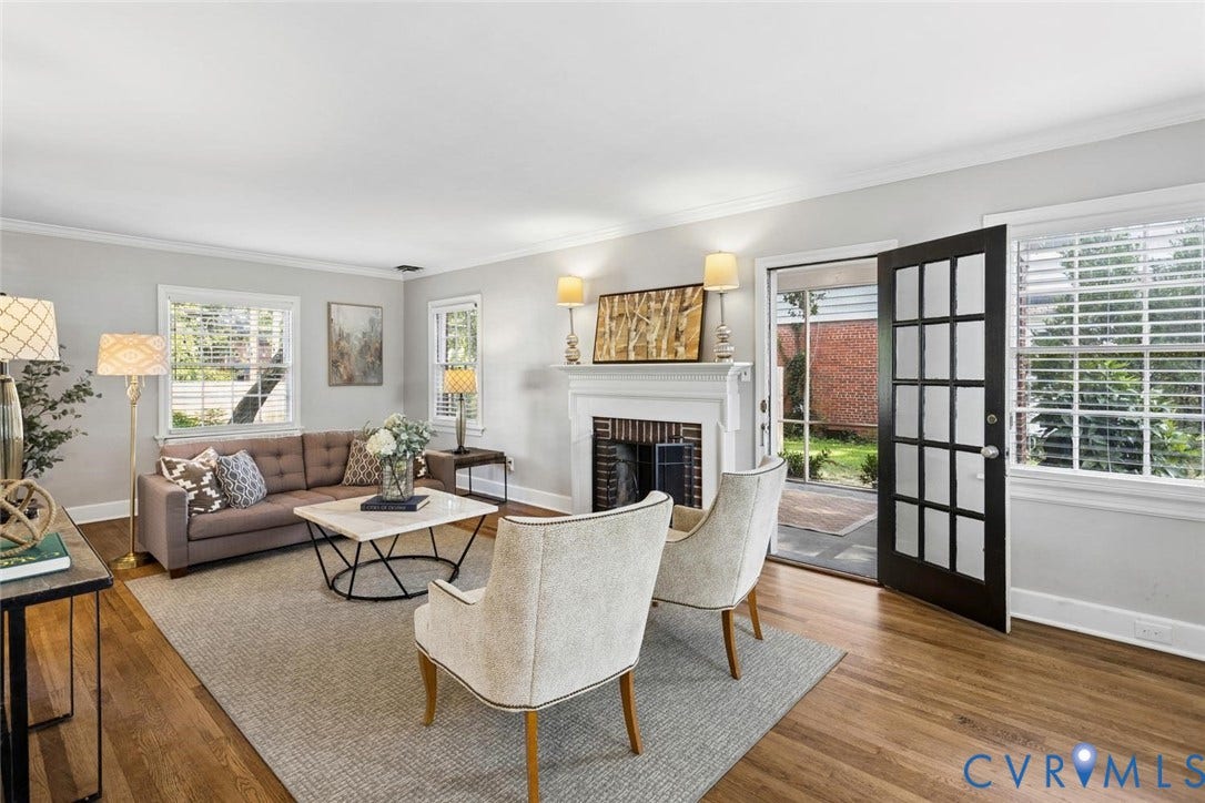 1316 Brookland Parkway, Richmond, VA 23227 Wood-finish flooring throughout, a traditional fireplace with a white mantel, multiple windows with blinds, a French door, and light-colored walls