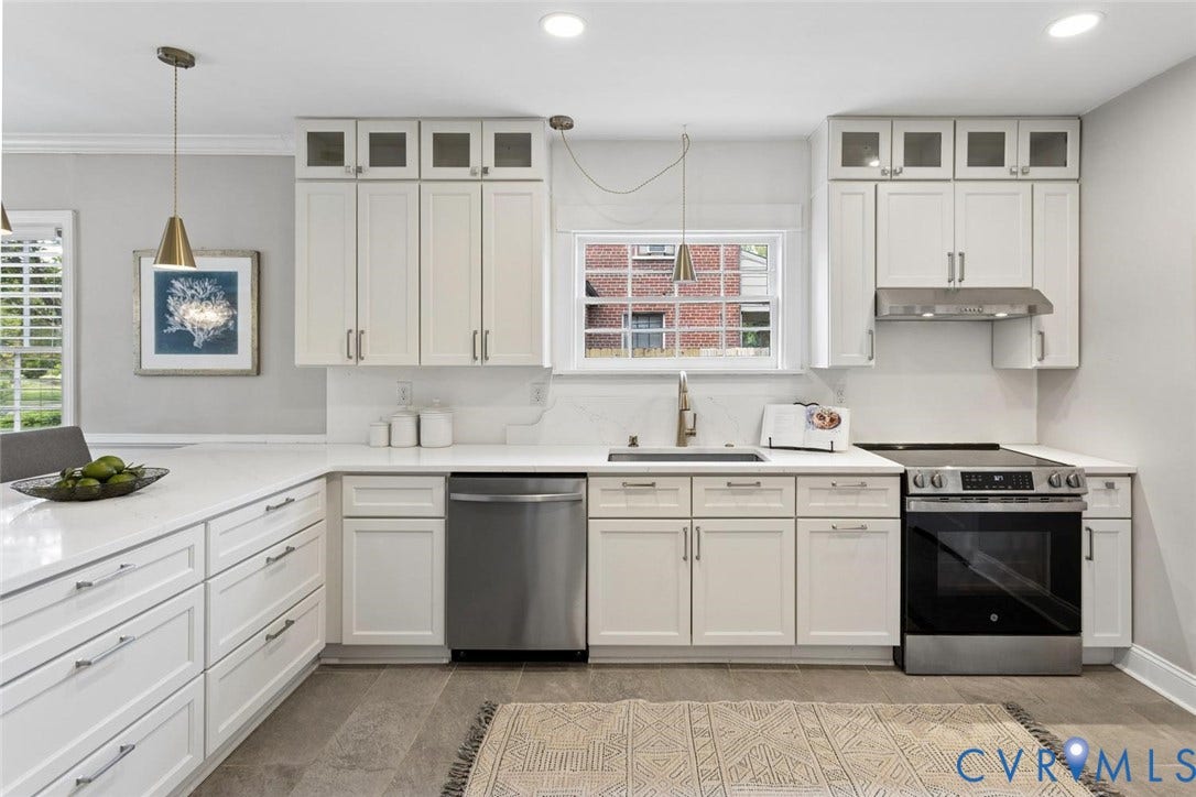 1316 Brookland Parkway, Richmond, VA 23227 Kitchen featuring extensive white cabinetry, light-toned countertops, stainless steel appliances, and wood-finish flooring