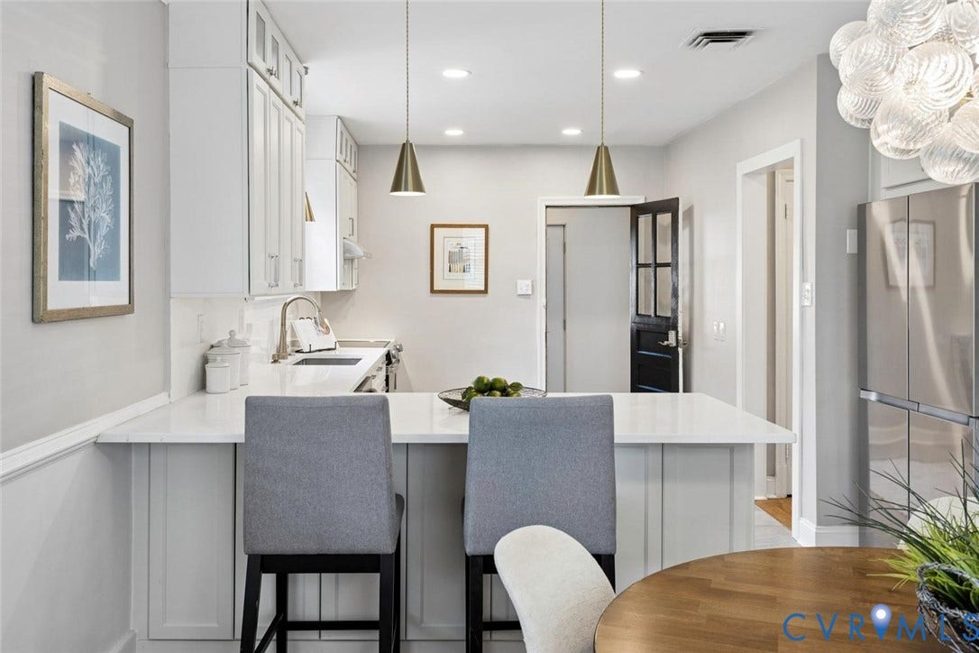 1316 Brookland Parkway, Richmond, VA 23227 Kitchen featuring white cabinetry, a counter-height peninsula with seating, stainless steel appliances, and pendant lighting