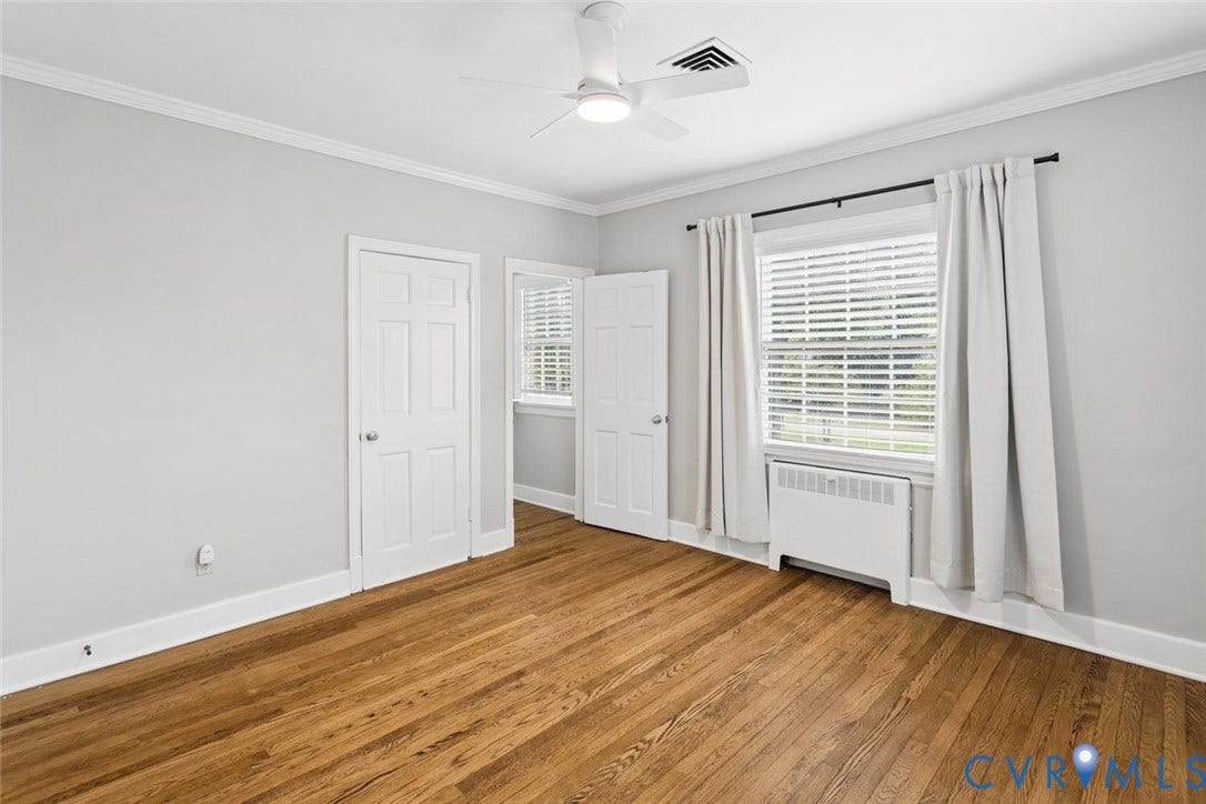 1316 Brookland Parkway, Richmond, VA 23227 Hardwood flooring, painted walls, ceiling fan, crown molding, and a window with blinds