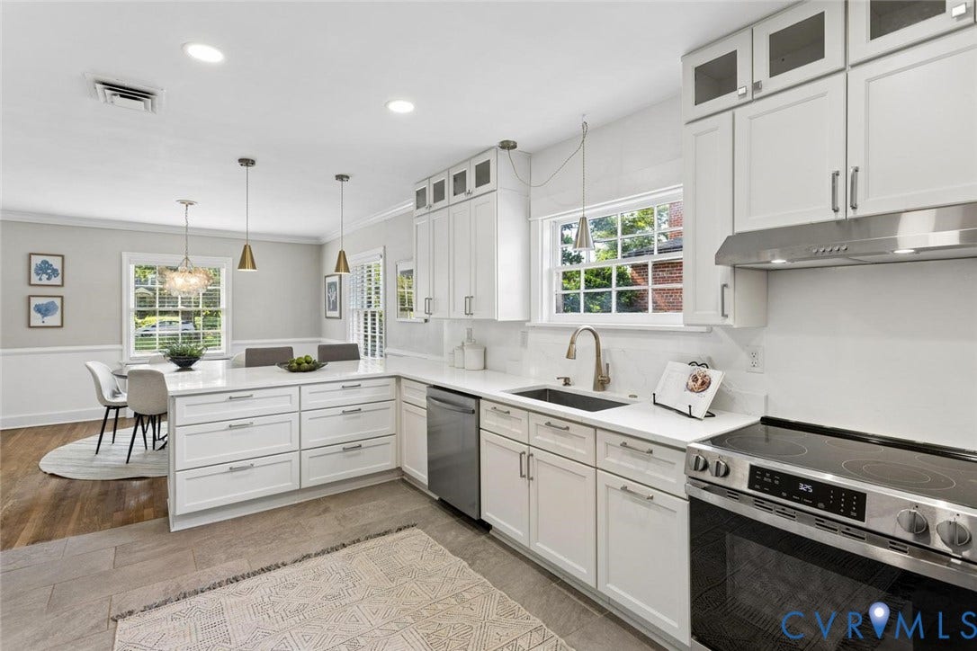1316 Brookland Parkway, Richmond, VA 23227 White shaker cabinetry with upper glass-front units, stainless steel appliances, a kitchen island with seating, and recessed lighting