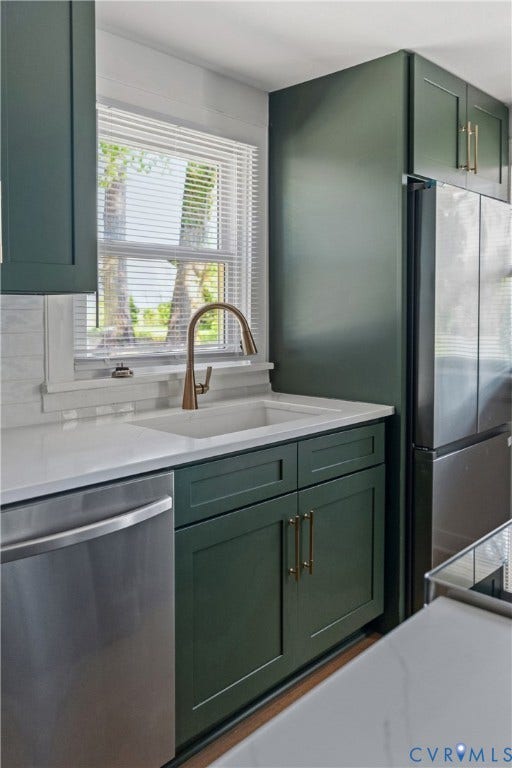 7406 Alycia Avenue, Henrico, VA 23228 Kitchen with contemporary green cabinetry, white countertops, stainless steel appliances, and a white subway tile backsplash