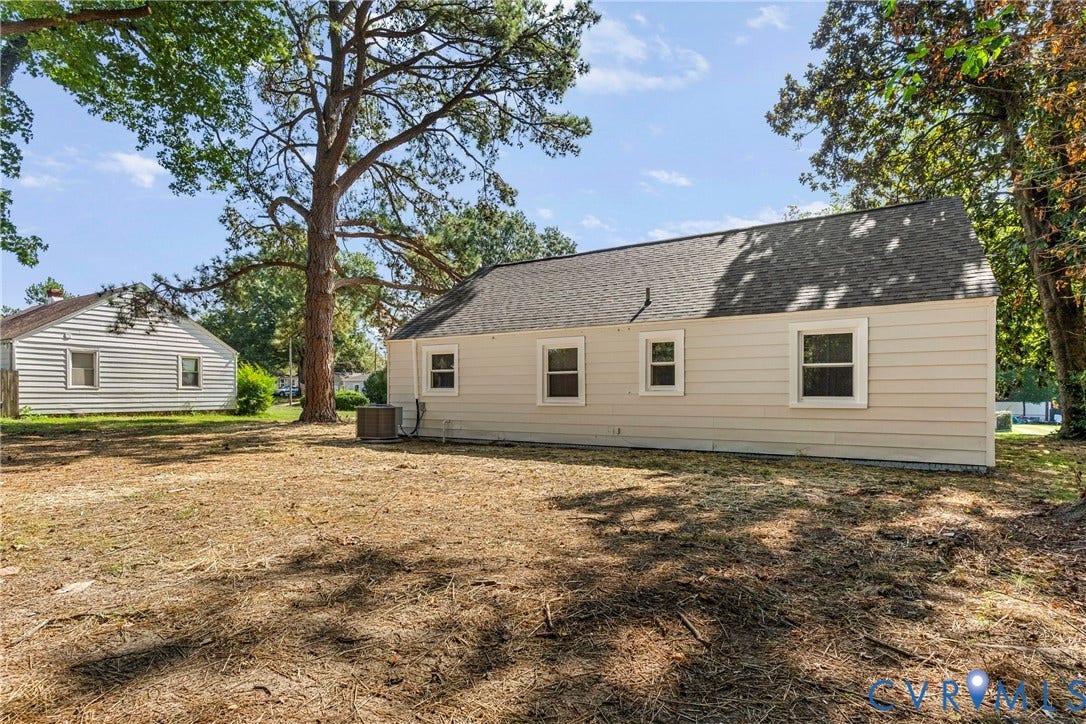 7406 Alycia Avenue, Henrico, VA 23228 Light-colored siding exterior with white window trim and a dark shingle roof