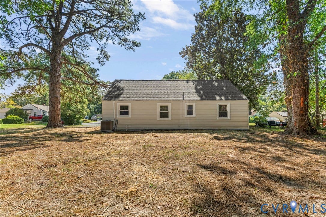 7406 Alycia Avenue, Henrico, VA 23228 Single-story residence with light-colored siding, a dark shingle roof, and multiple windows