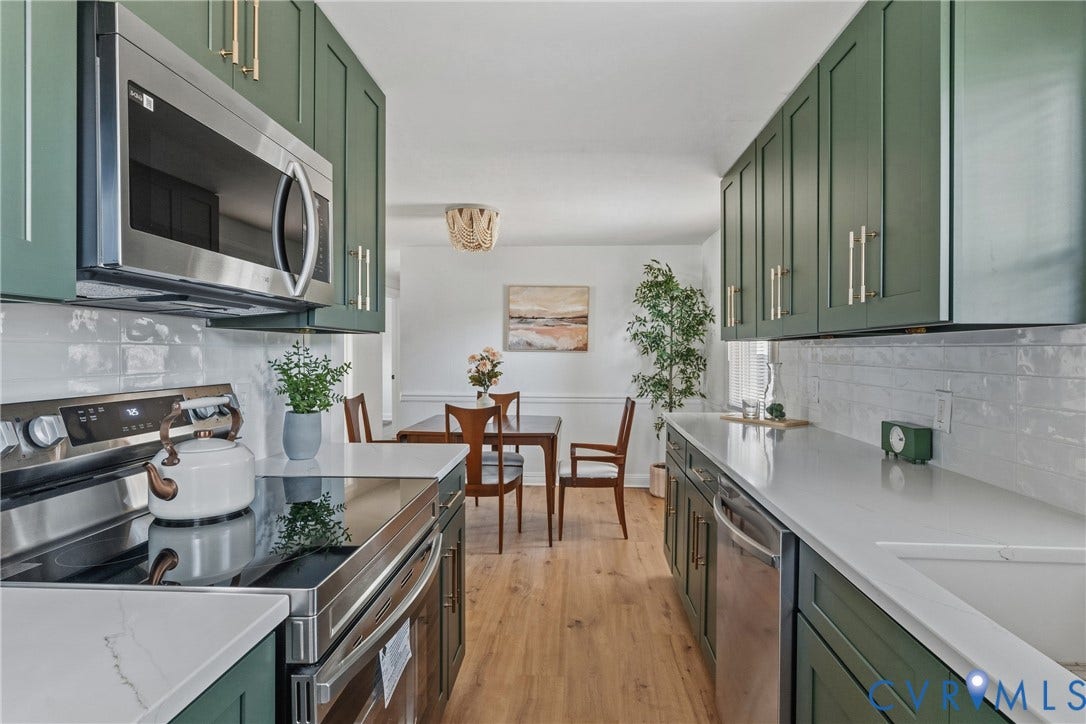 7406 Alycia Avenue, Henrico, VA 23228 Modern kitchen featuring green shaker-style cabinetry, stainless steel appliances, white subway tile backsplash, and light-toned countertops