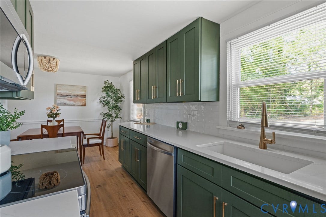 7406 Alycia Avenue, Henrico, VA 23228 Kitchen featuring green cabinetry with gold-tone hardware, white countertops, subway tile backsplash, and wood-finish flooring
