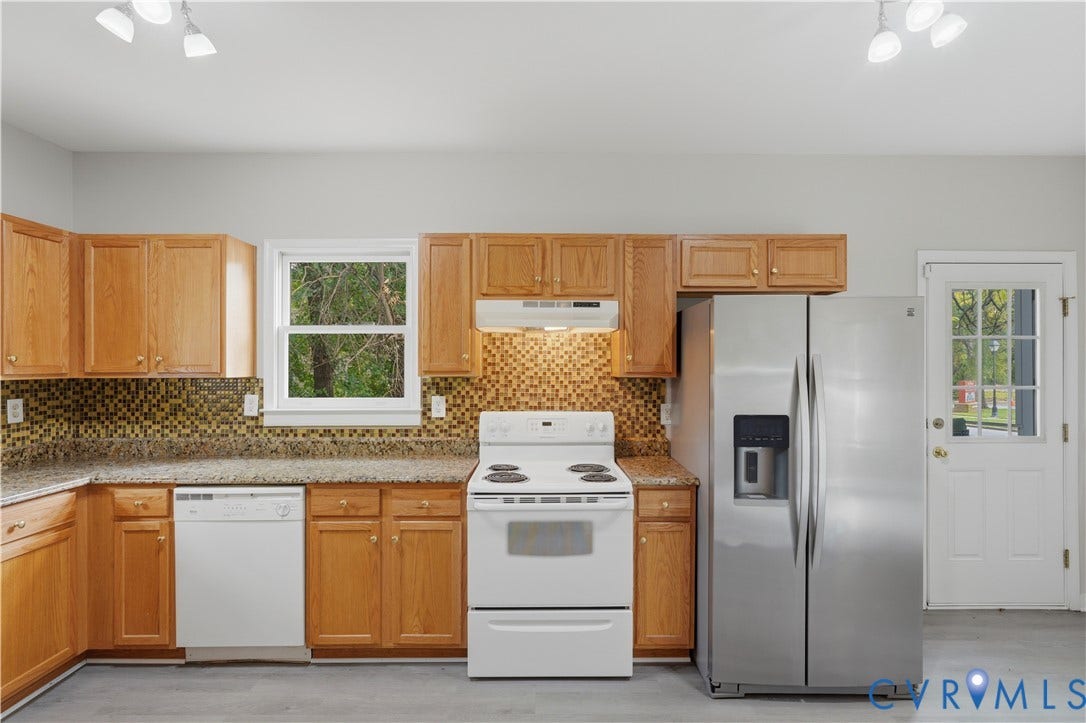 124 Lipscomb Street, Blackwell, Richmond, VA 23224 Kitchen with wood cabinetry, mosaic tile backsplash, stone-finish countertops, stainless steel side-by-side refrigerator, and wood-finish flooring