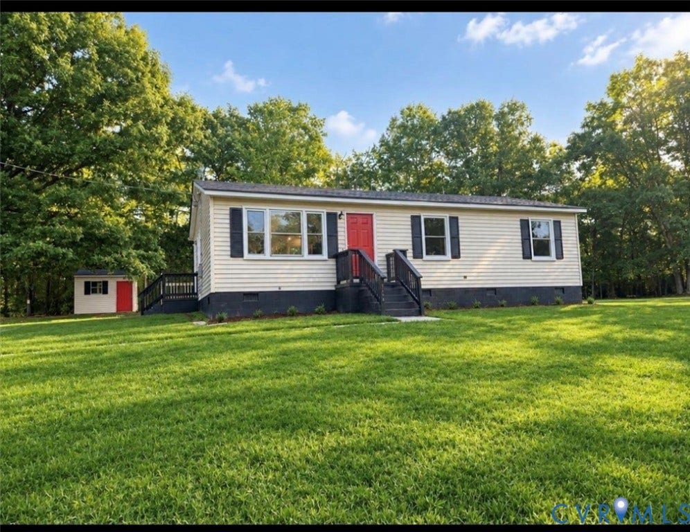 1605 Cartersville Road, Quiet, Goochland, VA 23063 Light-colored siding exterior with dark shutters, contrasting red entry door, and a dark-painted front deck with stairs