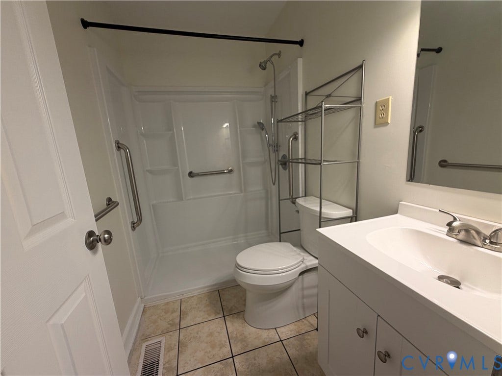 1605 Cartersville Road, Quiet, Goochland, VA 23063 Shower stall with grab bars and handheld shower head