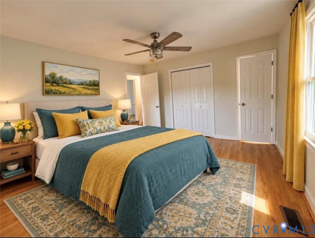 1605 Cartersville Road, Quiet, Goochland, VA 23063 VIRTUALLY STAGED:
Hardwood flooring, ceiling fan, white paneled doors, and a window with natural light