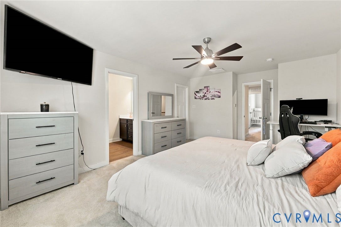 Recessed lighting, ceiling fan with light fixture, light-toned wall paint, and carpeted flooring
